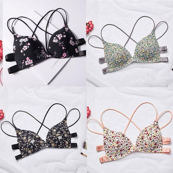 

bras fashion floral print bra front buckle underwear seamless wing padded lingerie bralette beauty cross back women push up, Red;black