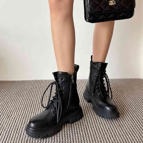 

boots platform lace up to motorcycle boots thick med women heels ankle leather foot round autumn toe ladies shoes size 41 kals, Black
