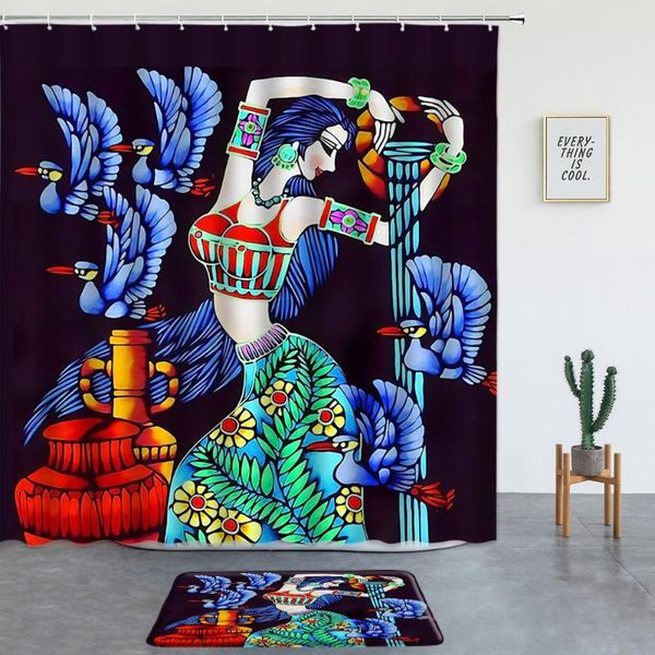 

shower curtains minority character art printed set bath mats boho retro style bathroom screen entrance door mat rugs room decor