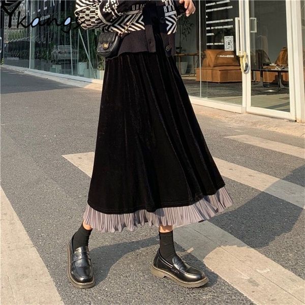 

winter vintage stitching velvet pleated women skirt autumn harajuku high waist black long skirts student casual party skirt 210315