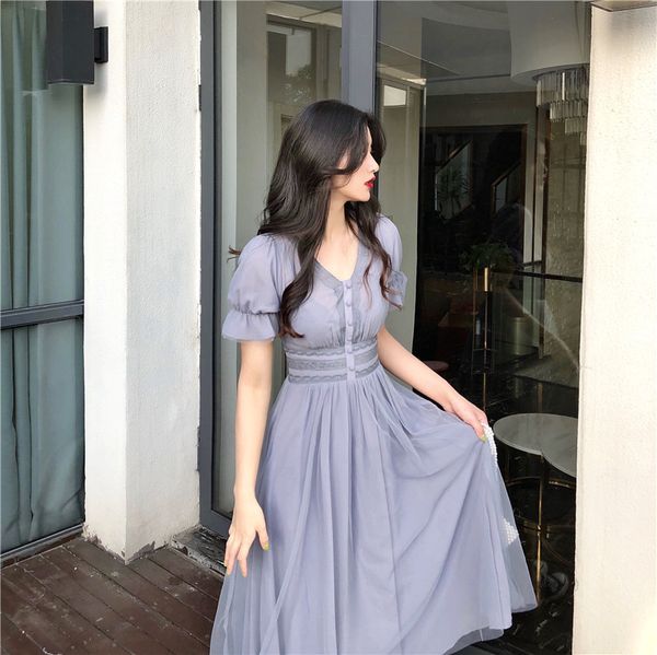 

summer mesh dress women puff sleeve v-neck a-line slim korean style mesh retro dress elegant vintage female vestidos, Black;gray