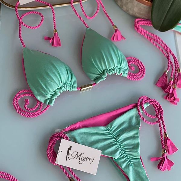 Tanga Bikini Set 2022 Mavi Renk Mayo Kadın Seksi Mayo Iki Parçalı Bikinis Üçgen Bandaj Kadın Beachwear