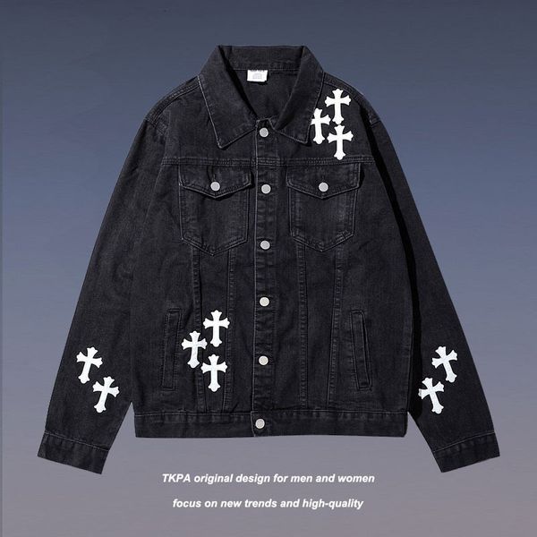 

jacket tkpa high street men's denim gothic cross embroidery wash old loose, Black;brown