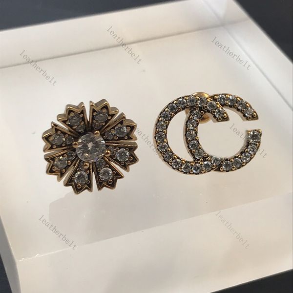 

flower letter stud shiny diamond earrings personalized style ear studs female hip hop ears pendant jewelry, Golden;silver