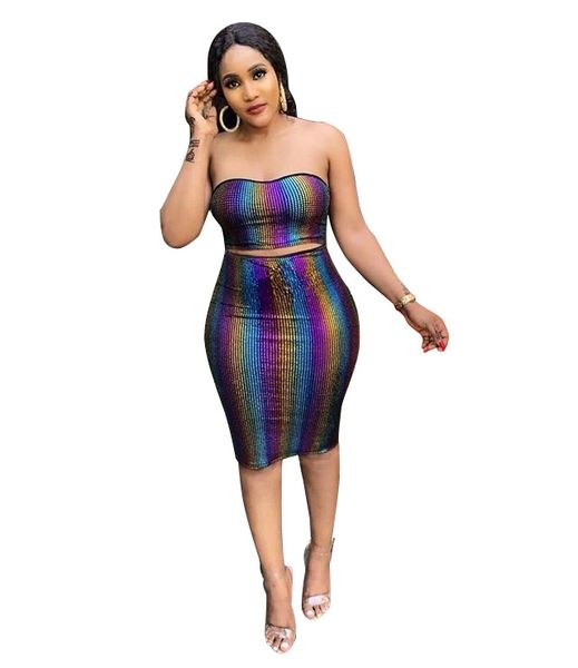 

rainbow stripe two piece set autumn fashion gradient print women set outfits strapless midi skirt set tracksuit, Gray