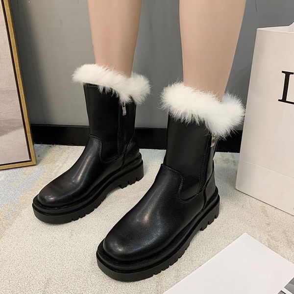 

boots lucyever fluffy faux fur platform ankle women black waterproof pu leather chunky shoes woman non slip short botas mujer