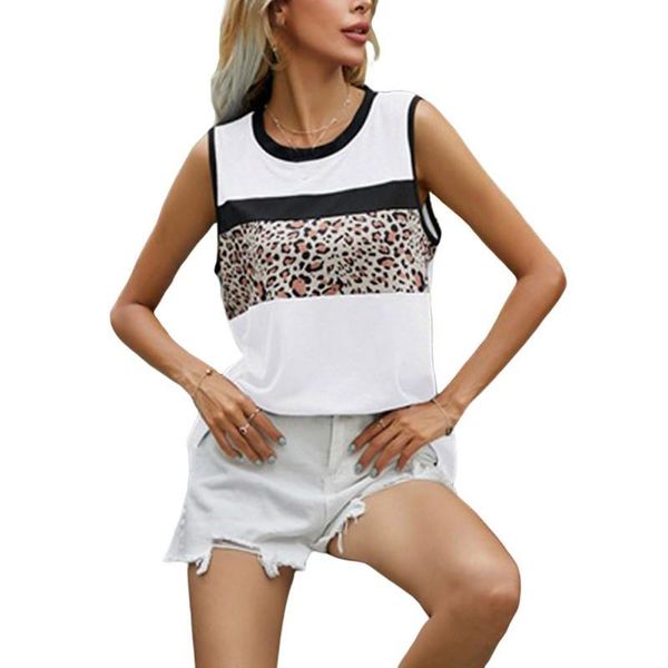 

women's t-shirt summer explosive clothing selling sleeveless stitching knot leopard-print vest, White