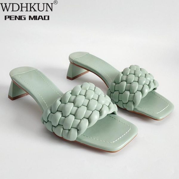 

slippers summer women weave square toe sandals fashion mules high heels slides shoes pu leather casual outside baech, Black