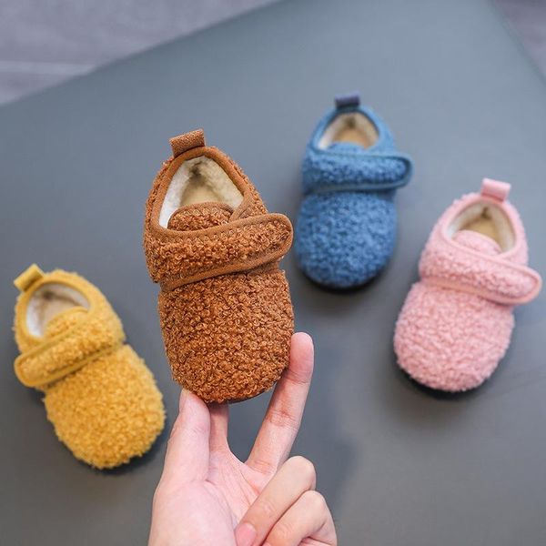 

slipper solid color kids slippers winter plush warm floor shoes for children soft anti slip baby boys girls first walker house loafers, Black;grey