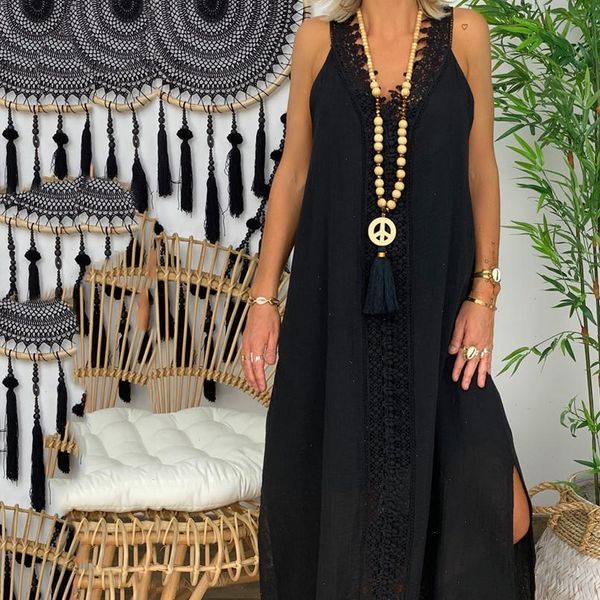 

h30 women plus size dress off shoulder sleeveless long party dress patchwork solid color maxi dresses for women vestido, Black;gray