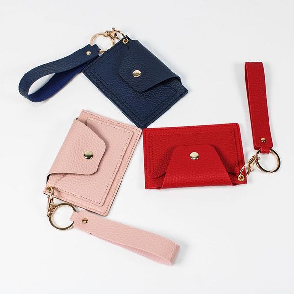 

card holders stylish soft pu holder multi-color lychee pattern for women girls all-match portable hand lanyard, Brown;gray