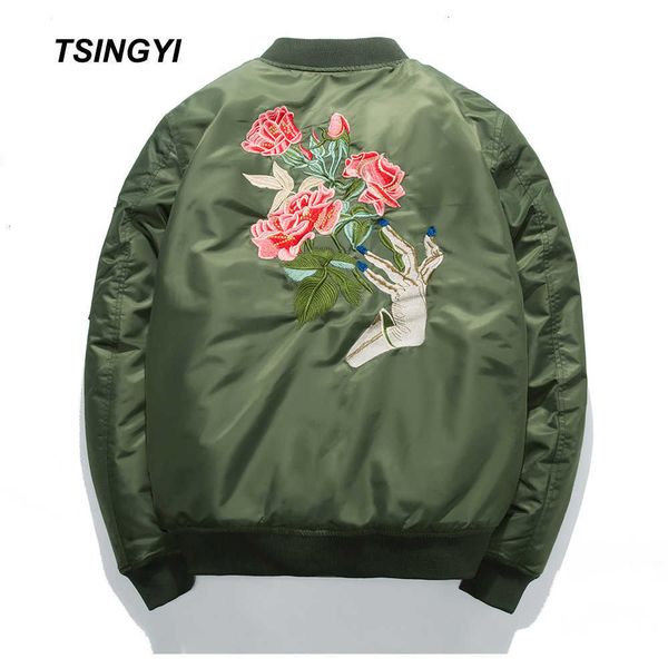 

tsingyi spring jacket men embroidery rose floral windbreaker bomber jacket stand collar veste militaire homme mens coat, Black;brown