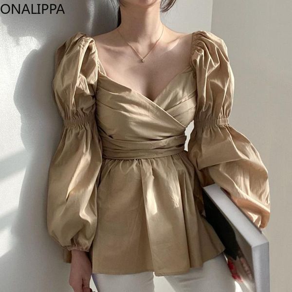 

women's blouses & shirts onalippa blouse women 2021 korean chic autumn french deep v-neck exposed clavicle cross folds waist thin puff, White