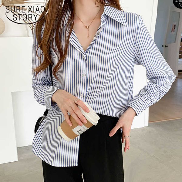 

autumn loose chiffon blouse women fashion striped v-neck long sleeve wild professional women's shirts feminine 11251 210528, White