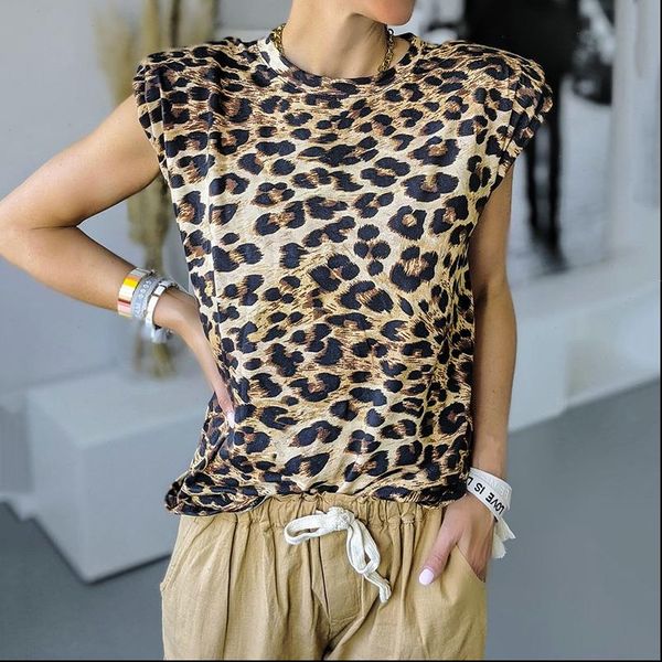 

elegant women shoulder pad leopard printed t shirt summer sleeveless o neck tee harajuku fashion clothing plus size sj6276v, White