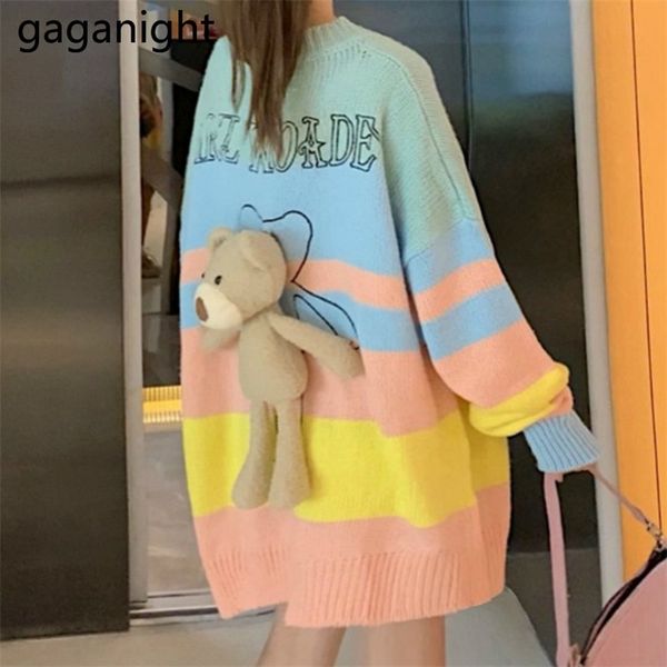 

japan style women long sweater fashion colorful striped pull femme casual loose pullover chic cute kawaii sweaters 210601, White