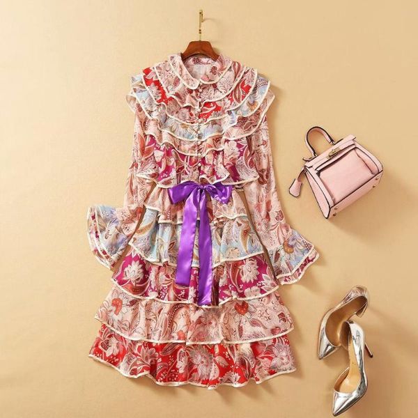 

casual dresses european and american women's wear 2021 winter style long sleeve horn fashion printed ruffles cake dress, Black;gray