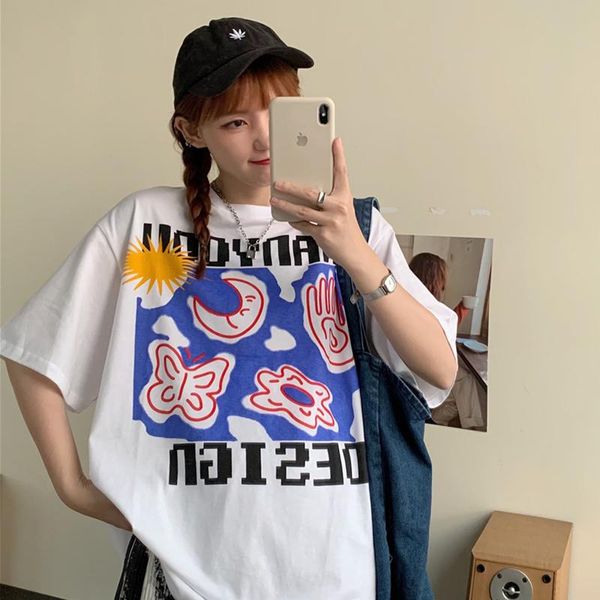 

women's t-shirt mid-length short-sleeved for women 2021 summer loose korean style fashionable ins student versatile western, White