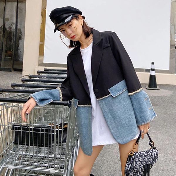 

small suit jacket female 2021 spring and autumn design sense niche new korean denim irregular stitching top, Black;brown