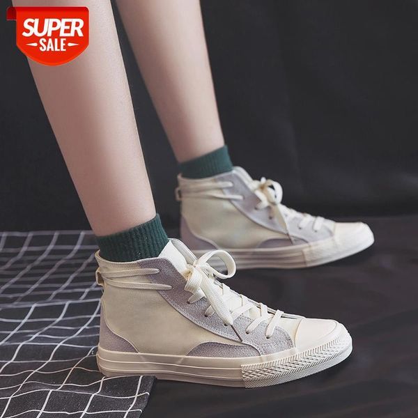 

casual spring high lace-up canvas shoes beige women new fashion sneakers students vulcanizing black platform sports white #ha21
