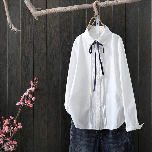 

women's blouses & shirts sweet style cotton 100% white women summer 2021 bow neck long-sleeved loose elegant office lady outwear coats