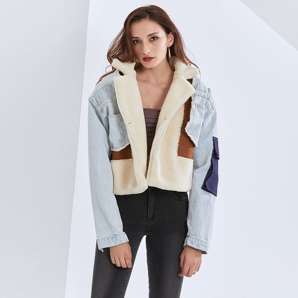 

casual lambswool patchwork denim jacket for women lapel long sleeve short female fashion new clothing autumn, Black;brown