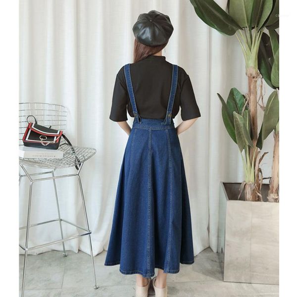 

skirts women vintage denim jeans blue strap skirt school student preppy style high waist a-line, Black