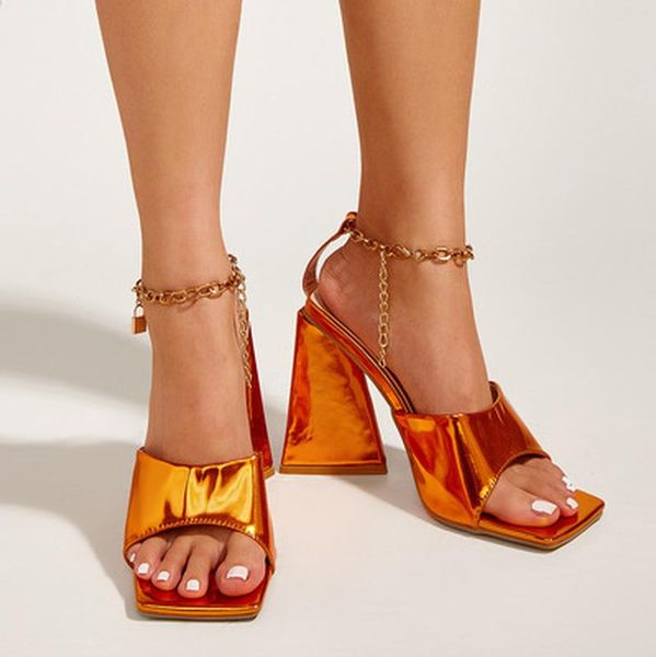 

dress shoes 2021 summer high heels sandals woman chunky heel metal decoration women square toe patent leather ladies pumps, Black