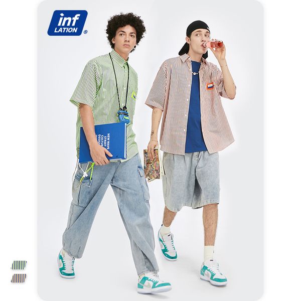 

inf mens short-sleeved shirt 2021 spring summer trendy new cool popular brand classic striped contrast color lapels loose mens shirt, White;black