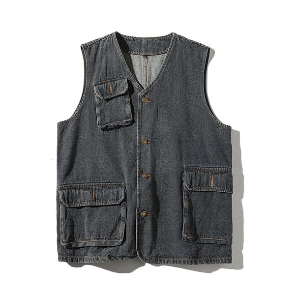 

2021 new fashion denim vests for spring autumn black blue men's multi-pocket pgraphy vest men casual reporter director vxmv, Black;white