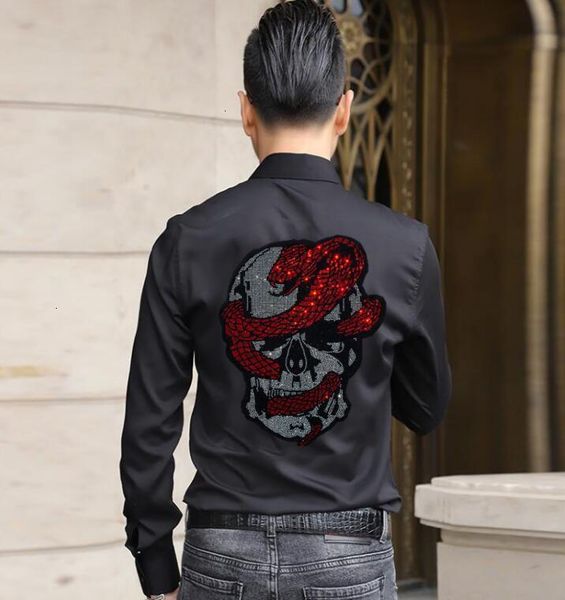 

2021 new brand shirts long sleeve shirt fashion diamond stone slim fit camisa masculina plus size men clothing 4xl 7udq, White;black
