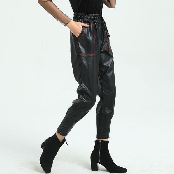 

women's pants & capris autumn winter fashion high waist faux leather womens feet plus velvet elastic pu trousers women personality, Black;white