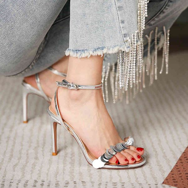 

silver sequins stiletto high heels one-line sandals women's summer, Black