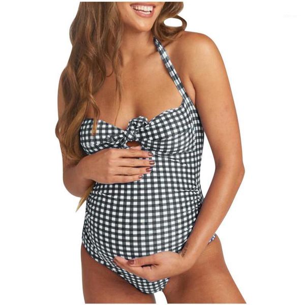 

women's swimwear maternity swimming suit summer beach bikini set plaid print one piece halter pregnancy swimsuit traje de bano30, White;black