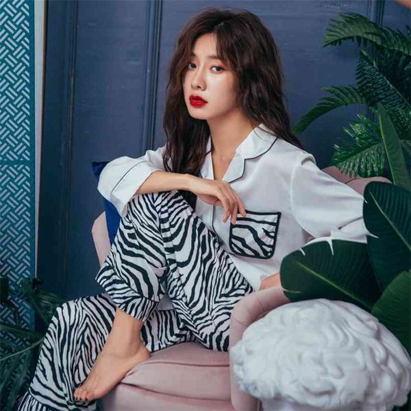 

qweek home suit women pajama sets zebra print lounge weat satin sleepwear long sleeve pijama 2 pieces casual silk pyjama fashion 210809, Black;red