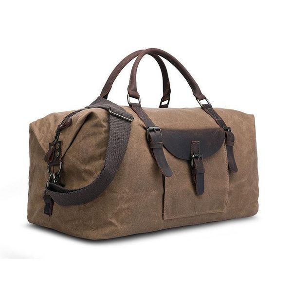 

duffel bags retro men's bag, travel portable oil wax canvas crazy horse leather waterproof folding bag