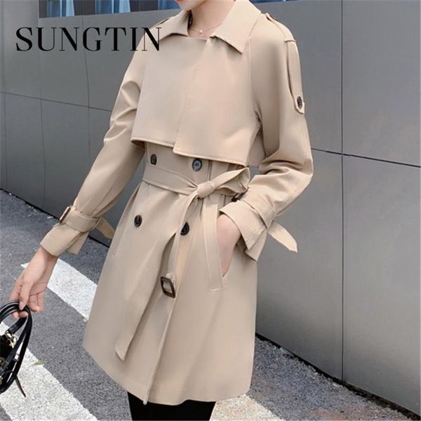 

women's trench coats sungtin elegant double breasted sashes solid khaki coat for women fashion spring autumn classic windbreaker female, Tan;black