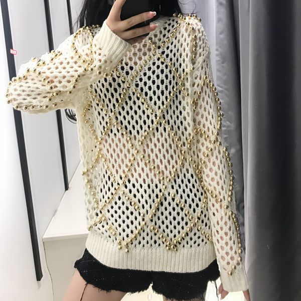

2021 heing women autumn winter new heavy industry pearl hollow knit sweater a310 inl8, White;black