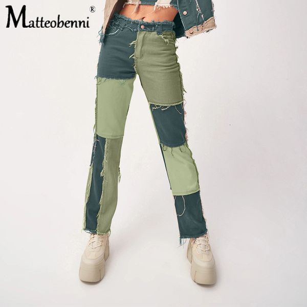 

2021 new patchwork ny straight jeans women high waist denim trousers color block vintage emerald green streetwear pants ycri, Blue