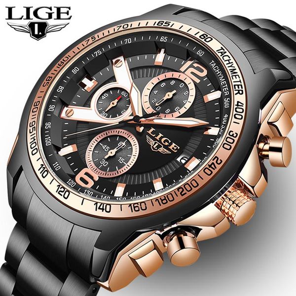 

wristwatches lige 2021 fashion business quartz men watch stainless steel waterproof wristwatch male military man relogio masculino, Slivery;brown