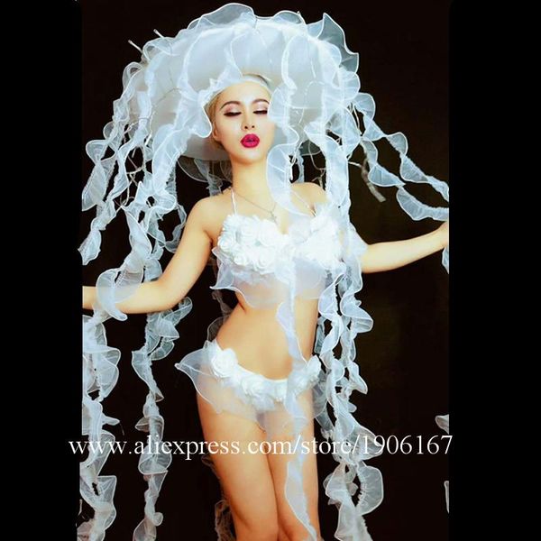 

party decoration nightclub modern blue white female song dance catwalk show gogo stage led jellyfish bikini set