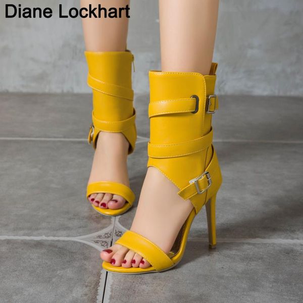 

sandals roman ankle strap gladiator women shoes summer peep toe high heels woman yellow white zip sandalias de mujer, Black