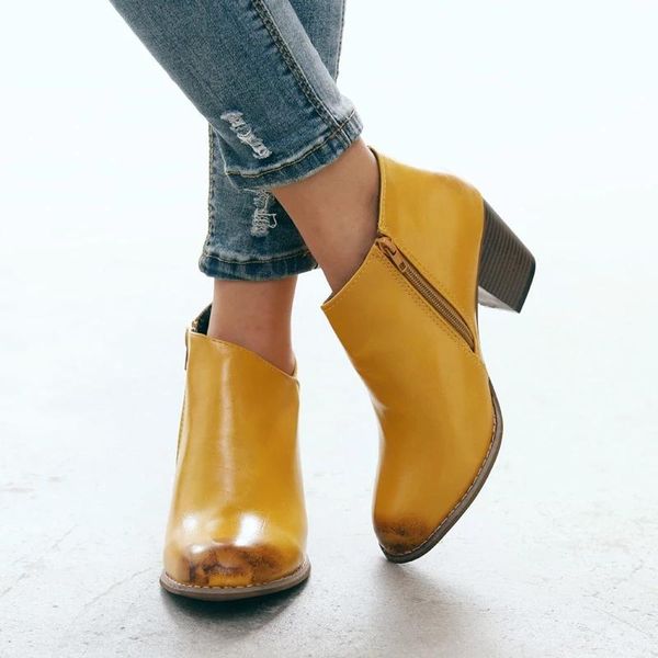 

boots women ankle mid heels lady classic round toe side zip pumps woman slip-on shoes female casual vintage women's plus size 43, Black