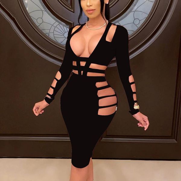 

slim solid party women dresses hollow out long sleeve elegant clubwear split bodycon bandage vestidoo, Black;gray