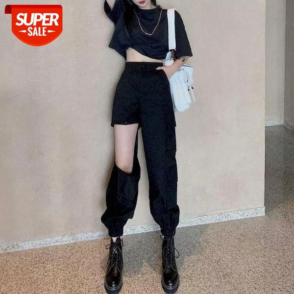 

high waist beam pants women summer 2020 new cotton korean version of the loose asymmetric hole black overalls trousers female #wz5p, Black;white