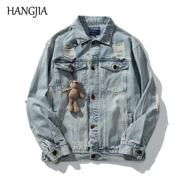 

retro distressed frayed washed denim jacket japanese streetwear jean jackets fashionable bear toy couple ornaments denim outwear c0607, Black;brown