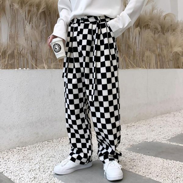 

men's pants men japan korea style streetwear straight loose casual vintage plaid suit wide leg male high street hip hop long trousers, Black