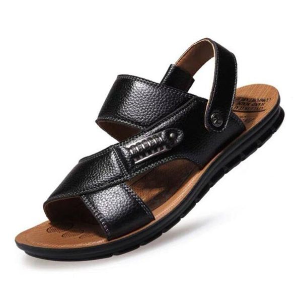 

fashion men sandals summer genuine leather roman sandals outdoor slippers shoes sneakers men casual shoes beach flip flops, Black
