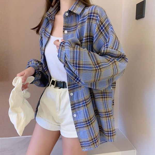 

women's blouses & shirts plaid women lantern sleeve cardigan vintage pink purple checkered beautiful blouse fashion button up oversize, White