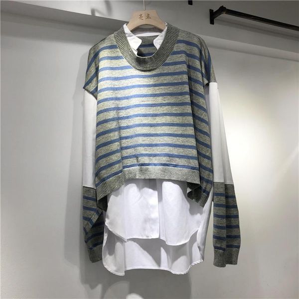 

ewq] 2021 spring autumn european trend ladies pullover knitted loose striped sweater stitching fake 2 pieces of casual clothing, White;black